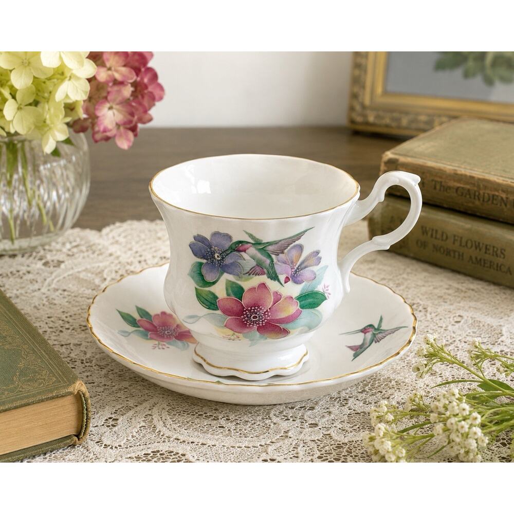 Crown Dorset Hummingbird Floral Fine Bone China Teacup & Saucer England